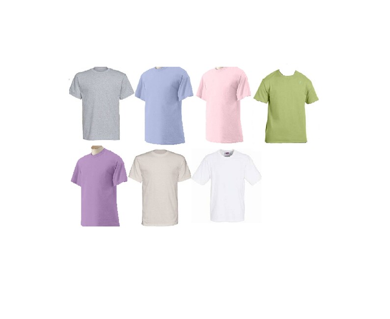 May include: Seven plain t-shirts in different colors: light gray, light blue, light pink, light green, lavender, cream, and white.