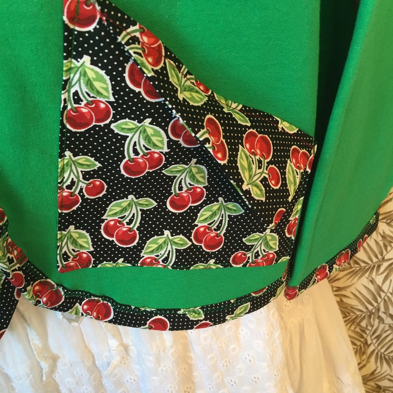 Sweatshirt Cardigan Sweater Green With Cherry Design Trim and Pockets Large image 4