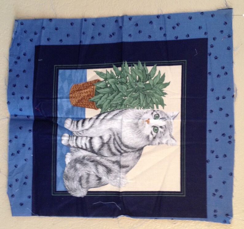 Cat Fabric Vintage Fabric Gray Tabby Cat Quilt Block Etsy