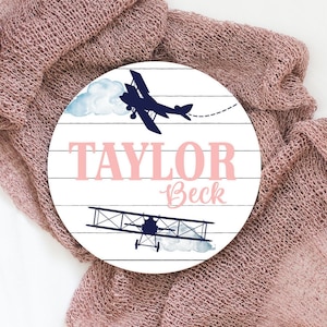 Airplane Baby Girl Round Wood Baby Name Sign Wooden Personalized Baby Name Newborn Announcement Custom Nursery Sign Decor Aviation