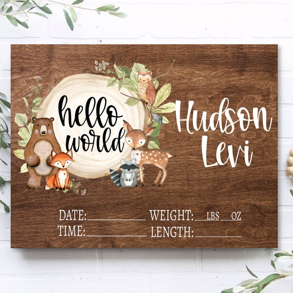 Woodland Birth Stat Sign, Custom Wood Sign, Nursery Decor, Name Announcement Sign, regalo de bebé personalizado, etiqueta de nombre del hospital, Hello World