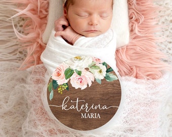 Floral Baby Girl Round Wood Baby Name Sign Wooden Personalized Baby Name Newborn Announcement Custom Nursery Sign Decor