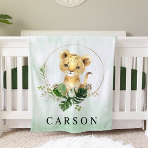 Manta de león, regalo de manta de bebé personalizado, manta de niño pequeño, decoración de vivero de Safari, regalo de cumpleaños de niño pequeño, manta de selva de león tropical