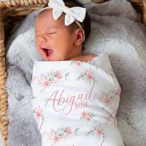 Pink Rose Personalized Swaddle, Popular Baby Shower Gift, Custom Name Blanket, Hospital Blanket, Baby Shower Gift, Name Blanket,NB28
