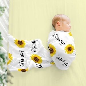 Sunflower Swaddle, Personalized Baby Name Blanket, Personalized Baby Gift, Custom Coming Home, Hospital Blanket, Baby Shower Gift,Mom Gift