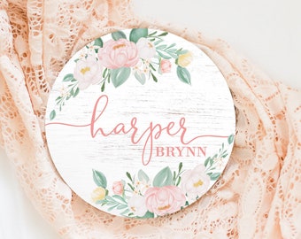 Floral Baby Girl Round Wood Baby Name Sign Wooden Personalized Baby Name Newborn Announcement Custom Nursery Sign Decor