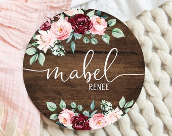 Floral Baby Girl Round Wood Baby Name Sign Wooden Personalized Baby Name Newborn Announcement Custom Nursery Sign Decor