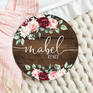 Floral Baby Girl Round Wood Baby Name Sign Wooden Personalized Baby Name Newborn Announcement Custom Nursery Sign Decor