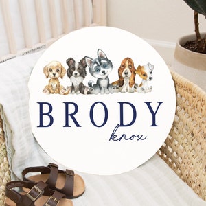 Puppy Dog Round Wood Baby Name Sign Wooden Personalized Baby Name Newborn Announcement Custom Nursery Sign Decor