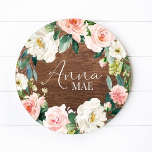 Floral Round Wood Baby Name Sign Wooden Personalized Baby Name Newborn Announcement Custom Nursery Sign Decor Hello World
