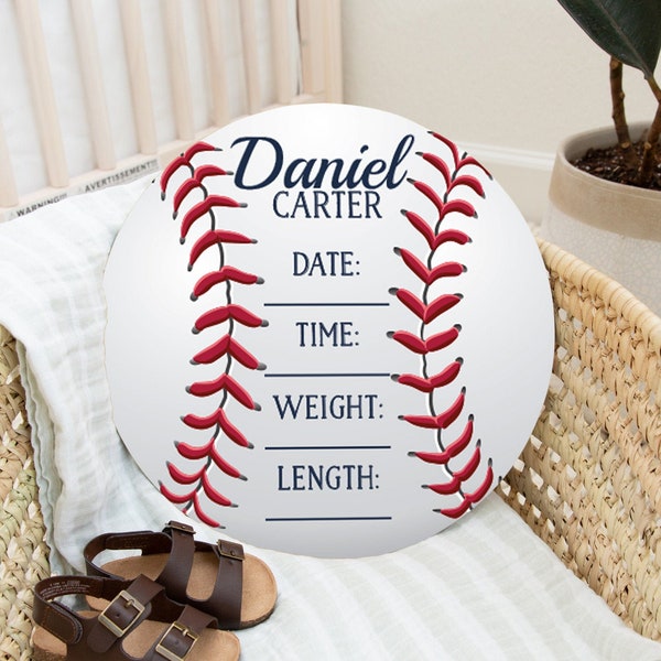 Baseball Birth Stat Sign Baby Name Sign Round Wooden Personalized Baby Name Newborn Announcement Custom Baseball Nursery Sign Decor