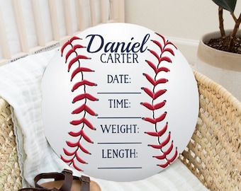 Baseball Birth Stat Sign Baby Name Sign Round Wooden Personalized Baby Name Newborn Announcement Custom Baseball Nursery Sign Decor