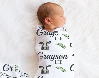 Cow Personalized Swaddle, Baby Cow Blanket, Custom Name Blanket, Hospital Blanket, Baby Shower Gift, Name Blanket, Toddler