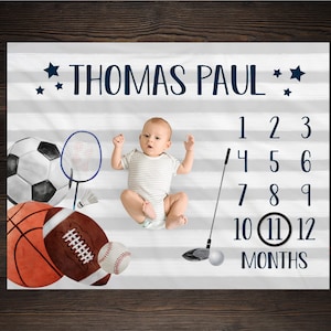 Sports Milestone Blanket Monthly Growth Tracker Blanket Baby Shower Gift Newborn Gift Blanket Watch Me Grow Baby Boy BM12