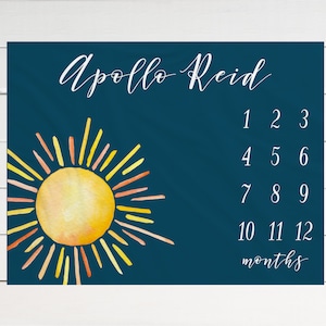 Sun Milestone Blanket Personalized Monthly Growth Tracker Custom Baby Shower Gift For New Mom Watercolor Blanket Newborn  Nursery