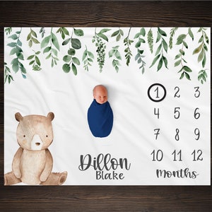 Bear Baby Milestone Blanket, Monthly Growth Tracker, Personalized Baby Blanket, Custom Blanket, Baby Shower Gift, New Baby Gift, Baby Boy