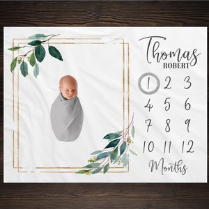 Greenery Milestone Blanket, Monthly Growth Tracker, Personalized Baby Blanket, Custom Blanket, Baby Shower Gift, New Baby Gift, BM24
