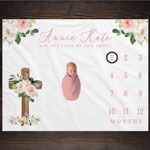 For This Child We Have Prayed Milestone Blanket, Month Blanket, Growth Tracker, Baby Shower Gift, Baptism Newborn Gift,  Cross, Church