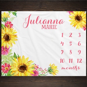 Sunflower Milestone Blanket Personalized Monthly Growth Tracker Custom Baby Shower Gift For New Mom Watercolor Floral Blanket For Newborn