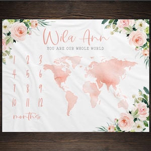 World Milestone Blanket, Baby Milestone Blanket, Floral World  Map Milestone Blanket, Personalized Baby Blanket, Baby Shower Gift, Baby Girl