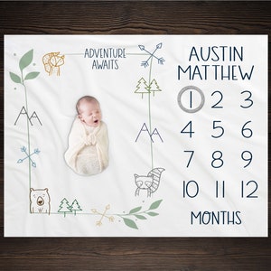 Adventure Awaits Baby Milestone Blanket, Woodland Milestone Blanket, Personalized Baby Blanket, Today I Am Baby Blanket, Baby Boy, BM27