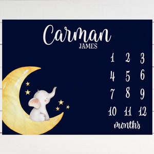 Moon Milestone Blanket Monthly Growth Tracker Soft Fleece Blanket Baby Shower Gift Newborn Gift Blanket Watch Me Grow Baby Elephant