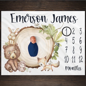 Woodland Milestone Blanket Personalized Milestone Blanket Month Blanket Forrest Baby Blanket New Baby Growth Photo Prop Baby Shower Gift