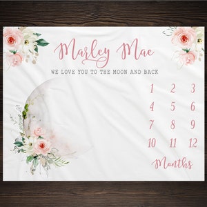 Floral Moon Milestone Blanket, Baby Milestone Blanket, Luna Milestone Blanket, Personalized Baby Blanket, Baby Shower Gift, Baby Girl