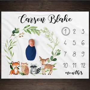 Woodland Milestone Blanket, Baby Milestone Blanket, Woodland Animal Blanket, Monthly Photo Baby Blanket Growth Tracker, Personalized Blanket