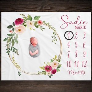 Girl Milestone Blanket, Baby Month Blanket, Floral Milestone Blanket Track Growth Keepsake Baby Shower Gift Pink Floral Wreath Blanket