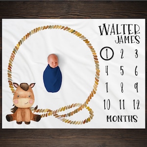 Horse Milestone Blanket Month Blanket Baby Growth Tracker Soft Blanket Baby Shower Gift Newborn Boy Blanket Watch Me Grow Lasso Country