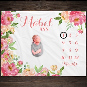 Peony Flower Milestone Blanket Personalized Monthly Growth Tracker Custom Baby Shower Gift Watercolor Pink Floral Blanket For Newborn