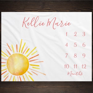 Sun Milestone Blanket Personalized Monthly Growth Tracker Custom Baby Shower Gift For New Mom Watercolor Blanket Newborn  Nursery