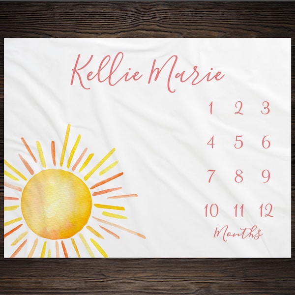 Sun Milestone Blanket Personalized Monthly Growth Tracker Custom Baby Shower Gift For New Mom Watercolor Blanket Newborn  Nursery