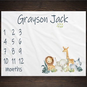 Jungle, Safari Milestone Blanket, Personalized, Monthly Growth Tracker, Custom Baby Shower Gift, Baby Boy Blanket, Newborn Nursery
