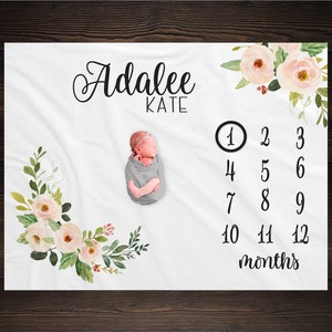 Baby Girl Milestone Blanket Month Growth Tracker Minky Fleece Blanket Custom Personalized Baby Shower Gift Watercolor Floral Newborn
