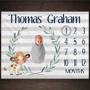 Cow Milestone Blanket Monthly Blanket Baby Growth Tracker Personalized Baby Shower Gift Newborn Boy Blanket Watch Me Grow Farmer Country