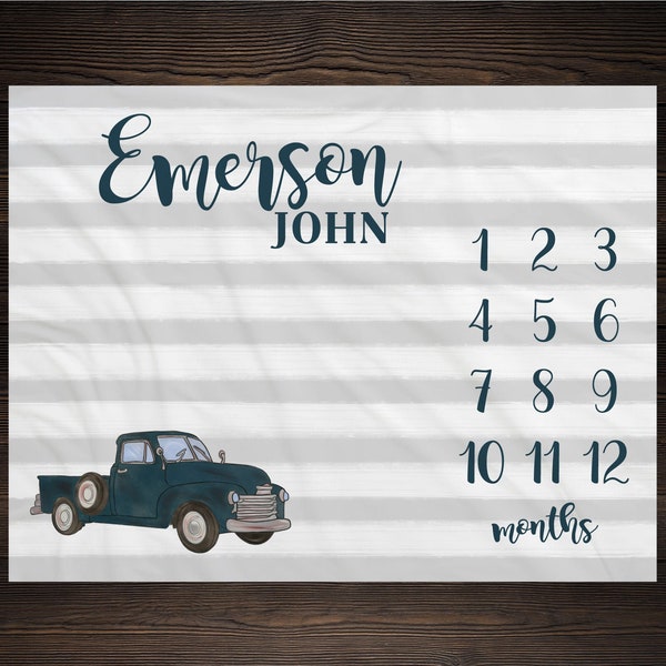 Old Country Truck Milestone Blanket Baby Baby Growth Tracker Soft Fleece Blanket Baby Shower Newborn Gift Blanket Watch Me Grow Gray Stripes