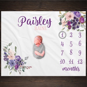 Purple Floral Milestone Blanket, Baby Month Milestone Blanket, Baby Girl Milestone Blanket, Track Growth, Keepsake Baby Shower Gift, Newborn