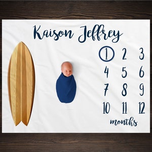 Surfing Milestone Blanket Monthly Growth Tracker Soft Fleece Sports Blanket Baby Shower Gift Newborn Gift Blanket Watch Me Grow Baby Boy