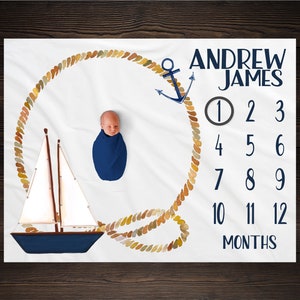 Nautical Baby Milestone Blanket Month Blanket Baby Growth Tracker Blanket Baby Shower Baby Newborn Gift Baby Boy Sail Boat Nursery BM06