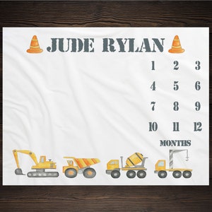 Construction Trucks Milestone Blanket Monthly Growth Tracker Soft Fleece Blanket Baby Shower Gift Newborn Gift Blanket Watch Me Grow Boy