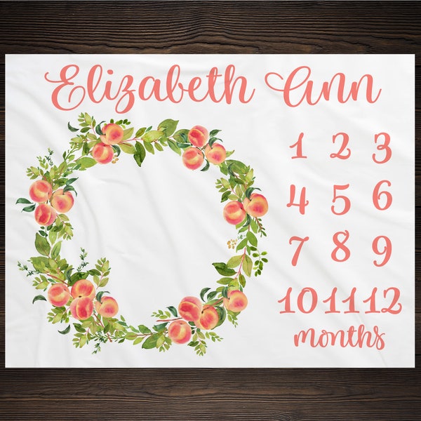 Peaches Milestone Blanket Month Growth Tracker Minky Fleece Blanket Custom Personalized Baby Shower Gift Watercolor Floral Newborn Peach