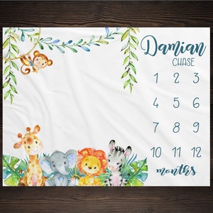 Safari Milestone Blanket Personalized Monthly Growth Tracker Custom Shower Gift For New Mom Watercolor Elephant Giraffe Newborn Nursery
