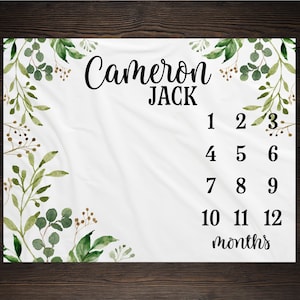 Milestone Blanket Personalized Monthly Growth Tracker Custom Baby Shower Gift For New Mom Watercolor Eucalyptus Blanket Newborn Nursery BM23