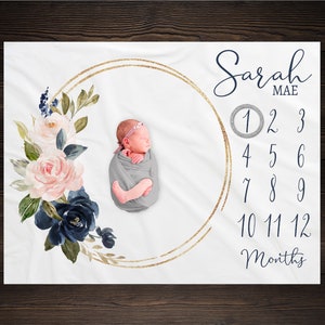 Girl Milestone Blanket Personalized Monthly Growth Tracker Custom Baby Shower Gift For New Mom Watercolor Floral Blanket For Newborn Nursery