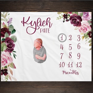 Girl Milestone Blanket Personalized Monthly Growth Tracker Custom Baby Shower Gift For New Mom Watercolor Floral Blanket For Newborn Nursery