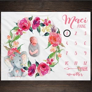 Pink Floral Baby Elephant Milestone Blanket, Safari Milestone Blanket, Baby Shower Gift, Baby Keepsake Gift, Girl Wreath Milestone Blanket