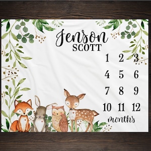 Woodland Milestone Blanket Monthly Growth Tracker Fox Blanket Baby Shower Gift Newborn Gift Blanket Watch Me Grow Baby Boy BM18