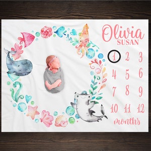 Under the Sea Baby Milestone Blanket, Sea Animals Milestone Blanket, Baby Shower Gift, Baby Keepsake Gift, Sea Life Nursery, GM05